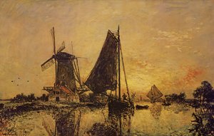 In Holland, Boats Near a Windmill