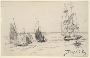 Small Sailboats and a Three-Master by Johan Barthold Jongkind
