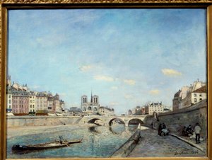 View of the banks of the Seine and the Notre Dame Cathedral in Paris. A barge on the river. Painting by Johan Barthold Jongkind by Johan Barthold Jongkind