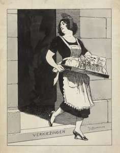 Design for Illustration in De Amsterdammer: The Dutch Maiden as a Maid with a Tray of Glasses Stumbles over the Step Elections (May 17, 1924) by Johan Braakensiek