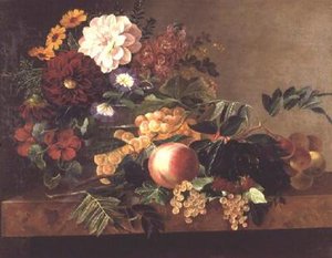 Flowers and Fruit on a Marble Table
