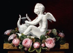 Garland of Pink Roses around Cupid playing a Lyre on a marble ledge, 1841