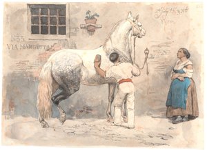A Gray Horse Being Groomed in Via Margutta by Johan Thomas Lundbye