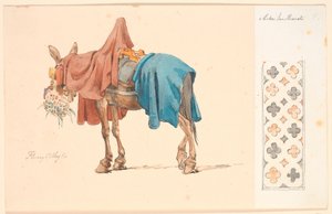A Mule Eating Its Green Fodder. To the Right on Attached Paper a Decorative Border