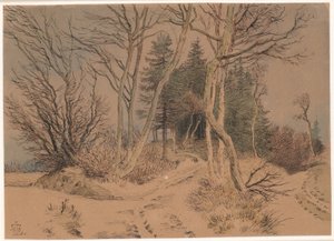 Snow-covered Roads between Spruces and Bare Trees by Johan Thomas Lundbye