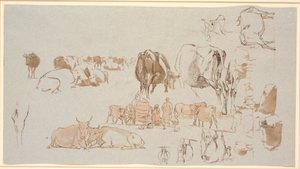 Study Sheet. Studies of Cows, in the Middle a Milk Cart with Three Girls and a Herdsman by Johan Thomas Lundbye