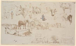 Study Sheet from the Milking Place in Vognserup. Above, Especially Studies of Cows, in the Middle, Among Others, the Milking Cart and Below, Vognserup Main Building and Wings by Johan Thomas Lundbye