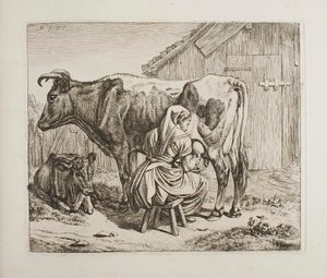 Cow with Calf Being Milked by Johann Adam Klein