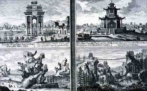 Four Views showing a Chinese Triumphal Arch, a Pagoda at Sinkicien in the Province of Xantum, Artificial Mountains and Caves and a Chain Bridge near the town of Kingtung, China