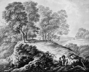 Landscape with Figures and Road Between Tall Trees