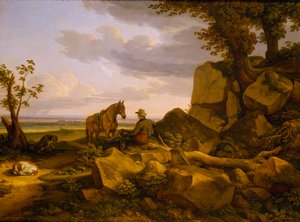 Italian Landscape with a Resting Hunter, Self-Portrait by Johann Christian Reinhart