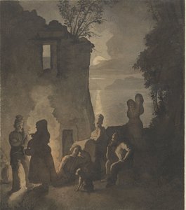 Resting Savoyards by a Fire on the Shore of a Lake at Evening by Johann Conrad Seekatz