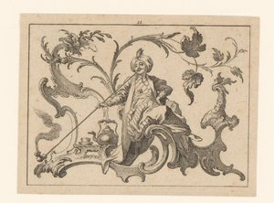 Man Smoking a Pipe with Turban Seated on a Rococo Ornament, Next to Him a Jug, a Cup and Saucer by Johann Esaias Nilson