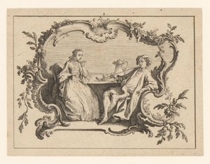 Woman and Pipe-Smoking Man at a Table in a Cartouche