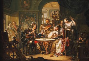 A Gentleman cheating at Cards with an elderly Lady in a sumptuous Interior