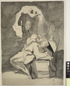 A Man in Despair Over a Tombstone in a Cave with Other Figures