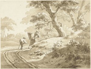 Landscape with Woman and Boy on a Country Road by Johann Heinrich Keller (II) (possibly)