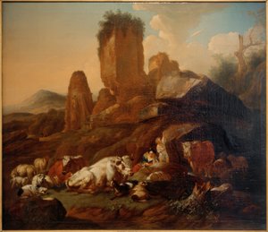 Resting Shepherdess and Cattle by Johann Heinrich Roos
