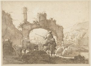 Two Shepherds Driving Their Cattle through a River by Johann Heinrich Roos