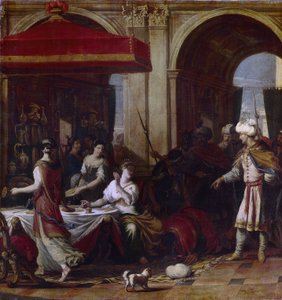The Feast of Esther. Esther (Hadassah bat Avihail) wife of Ahasuerus, king of Persia (Xerxes I, 519-465 BC), after the decree of extermination of the Jews of the kingdom by the vizier Haman, invites the two men to a banquet where she
