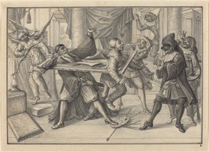 Mezzetin and Harlequin Use the Picture Frame to Catch Pantaloon and Pierrot by Johann Jacob Schubler
