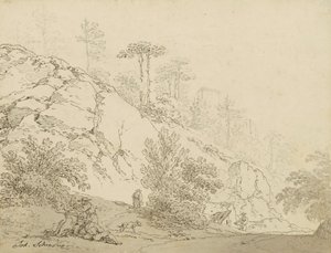 Farmers Resting in Rocky Terrain, Castle in Background