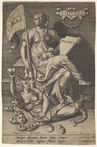 Fiducia, a Seated Woman Holds a Book and Banner While Turning Her Head Away from a Bare Branch, 1579