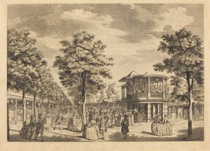 Vauxhall Gardens showing the Grand Walk at the Entrance of the Garden and the Orchestra with Music Playing
