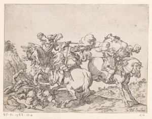 Two Musketeers on Horseback Shooting at a Rider by Johann Wilhelm Baur