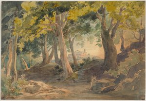 Landscape - with Tall Old Deciduous Trees and a Hill with a Castle in the Background by Johann Wilhelm Schirmer