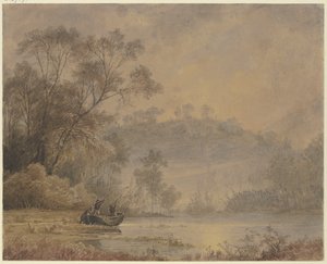 Forest Lake, from Whose Shore a Boat with Three Men Departs by Johann Wilhelm Schirmer