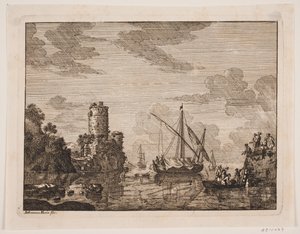 Ships on a River. A Tower to the Left