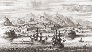 Dutch Ships in Front of Muscat, Oman in 17th Century by Johannes (after) Kip