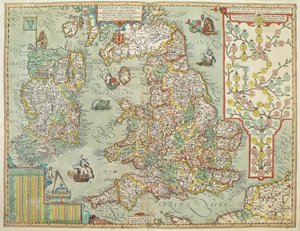Map of England and Ireland drawn in 1606 (coloured engraving) by Johannes Baptista Vrints