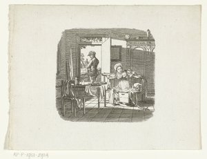 Mother by Child in Cradle Waving to Father Leaving Home with Rifle