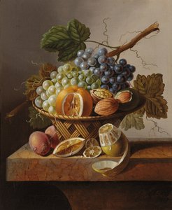 Grapes, an Orange and Walnuts in a Wicker Basket with a Lemon and Plums, All on a Marble Ledge
