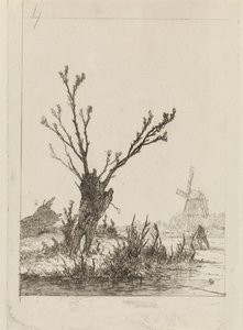 Skater with Sled by a Pollard Willow by Johannes Franciscus Hoppenbrouwers