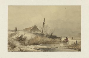 Winter landscape with farm by a ditch by Johannes Franciscus Hoppenbrouwers