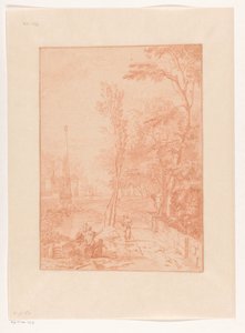 Arcadian Landscape with Figures near an Obelisk by Johannes Glauber
