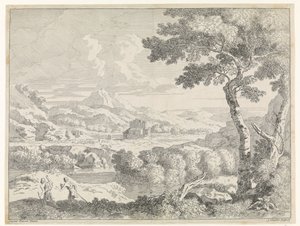 Hilly Landscape with Shepherds (Landscapes after Gaspar Poussin) by Johannes Glauber