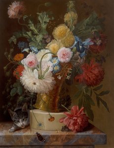 Still Life Of Flowers On A Ledge With A Cat by Johannes Hendrick Fredriks