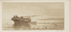 Ship with Lowered Sail on a River by Johannes Hilverdink