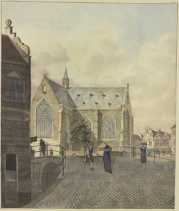 Church by a Bridge, a Lame Beggar by a Lady by Johannes Huibert Prins
