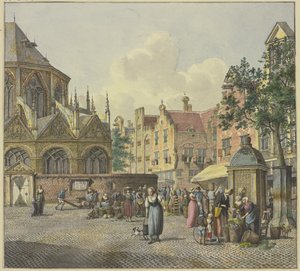 On the left the choir of a church, on the right a fountain house, with women selling vegetables by Johannes Huibert Prins