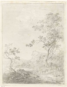 Mountainous Landscape with Shepherd and Cattle on Path