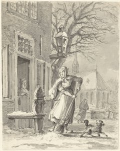 A Maid Clearing Snow in Front of a House by Johannes Jelgerhuis