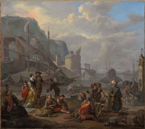 A Mediterranean port with an elegant couple and travellers resting by the quay