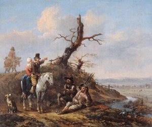 Landscape with Travellers Resting and Couple on Horseback by Johannes Lingelbach