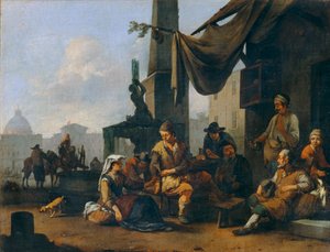 Italian peasants drinking at the door of a Roman inn by Johannes Lingelbach