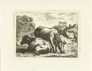 Two Cows Along Road by Farm by Johannes van Cuylenburgh